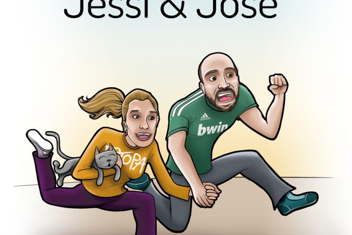Ilustración y diseño gráfico de cómic para invitación de boda JESSI y JOSE 1